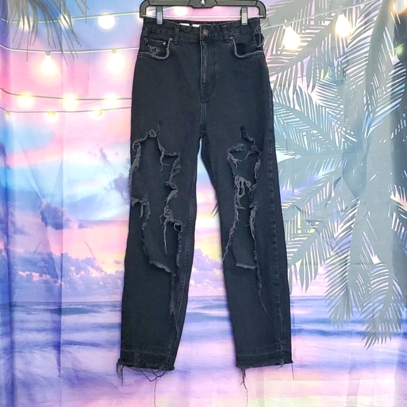 Bershka Denim - BERSHKA Denim petite mom jeans with rips and distressed hem black size 4